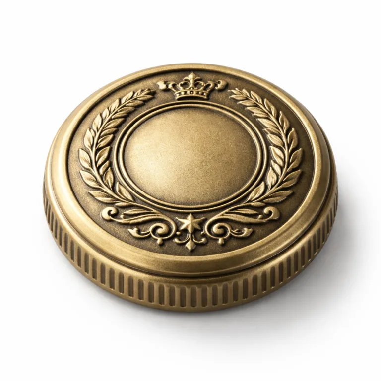 gr embossed logo bottle cap antique brass Single classic round bottle cap crafted from zinc alloy, finished in antique brass, features a soft rounded edge and 3D relief emblem. Presented in a hyper-realistic studio product shot with a crisp white background.