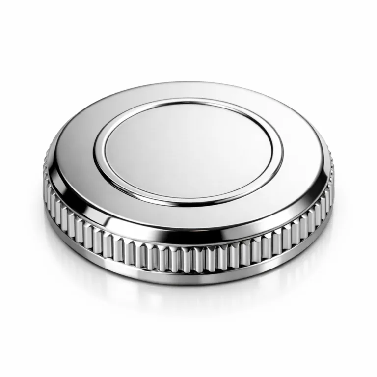 Highly polished bottle cap featuring a bright stainless steel appearance, crisp beveled edge, and subtle flat 2D embossed logo design. Displayed in realistic lighting for e-commerce product viewing.
