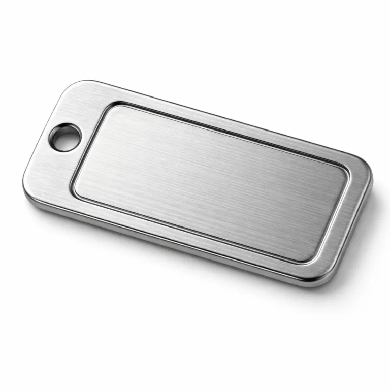 gr embossed logo tag matte silver Embossed logo metal tag made from zinc alloy, featuring a matte brushed silver finish. The tag is rectangular with soft rounded edges for a modern look and does not include any color fill, highlighting the raised emblem design.