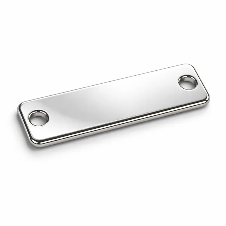 Embossed logo metal tag made of stainless steel, plated in shiny nickel. This variant features a rectangular silhouette with a highly polished mirror surface, flat 2D profile, and an embossed emblem for a modern, sleek appearance.