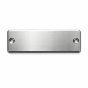 A realistic product photo of an engraved logo nameplate made from brushed stainless steel. It features a rectangular form, soft rounded edges, and screw holes on both sides for secure attachment. Captured with high detail and commercial lighting, perfect for e-commerce product listings.