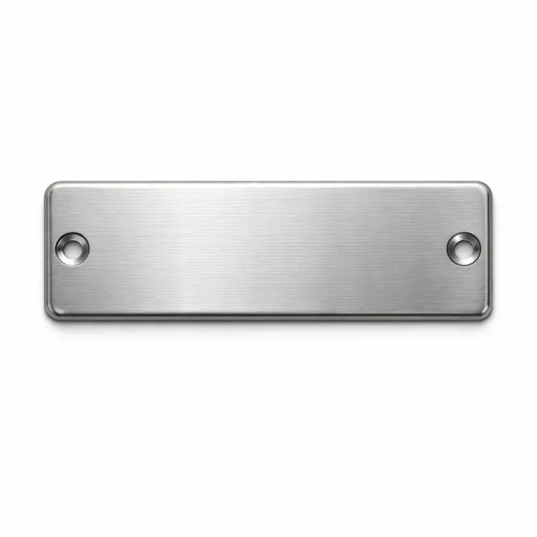gr engraved logo brushed screw A realistic product photo of an engraved logo nameplate made from brushed stainless steel. It features a rectangular form, soft rounded edges, and screw holes on both sides for secure attachment. Captured with high detail and commercial lighting, perfect for e-commerce product listings.