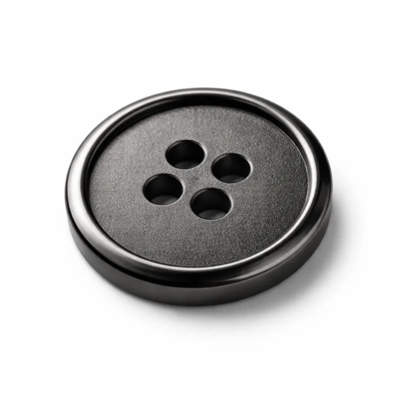 Matte black nickel finished uniform button made of zinc alloy, sandblasted surface with beveled edge and engraved logo, ideal for understated styles.