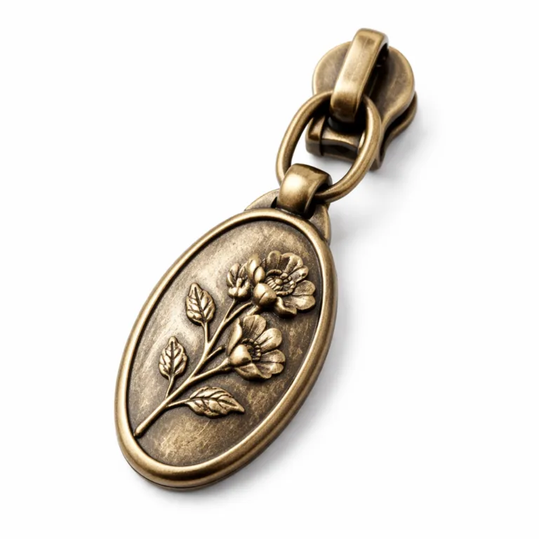 An oval-shaped engraved zipper pull tag in brass with an antique brass finish, 3D relief engraving, and a soft rounded edge for classic style.