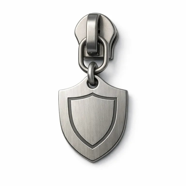 A shield silhouette zipper pull tag in stainless steel with a matte nickel finish, featuring a brushed texture and 2D flat engraving for a contemporary vibe.