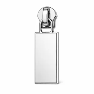 A rectangular engraved zipper pull tag crafted in zinc alloy with a shiny nickel finish. Features a 2D flat surface and crisp beveled edge for a modern look.
