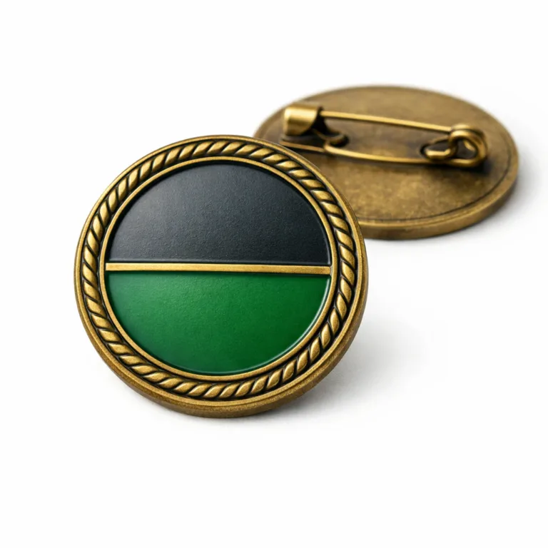 An Event Staff Badge in antique brass, round with a raised 3D border and soft enamel color fill. The badge has a safety pin back for secure attachment and antique styling.