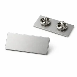 A matte silver Event Staff Badge crafted from zinc alloy, featuring a 2D flat rectangular design and secured with a butterfly clutch pinback. Ideal for professional event use.