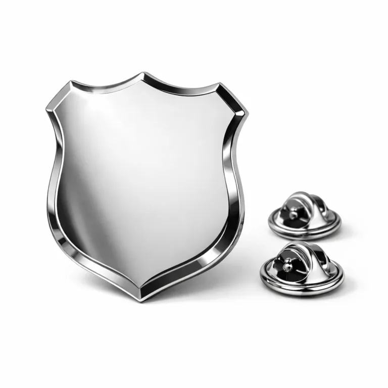 A premium Event Staff Badge featuring stainless steel with a polished mirror finish, shield-shaped silhouette, and crisp beveled edge. Equipped with a butterfly clutch pin for easy use.