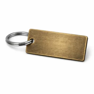 A festival commemorative souvenir tag crafted in zinc alloy with an antique brass finish. Rectangular shape, brushed texture, and attached to a split ring. Ideal for collectors or event giveaways. Photographed on a white studio background with high detail.
