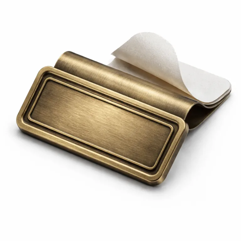 This fold-over metal label tag is crafted from antique brass, features a 3D relief area for unbranded emblem display, and comes with soft rounded edges. Shown with adhesive backing for easy application.