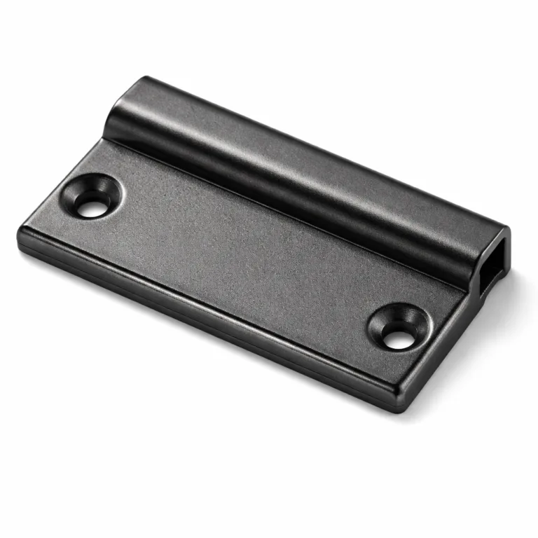 A rectangular fold-over label tag in matte black nickel finish over zinc alloy, with a sandblasted surface for a refined matte look. Features crisp beveled edges and screw holes for mounting.