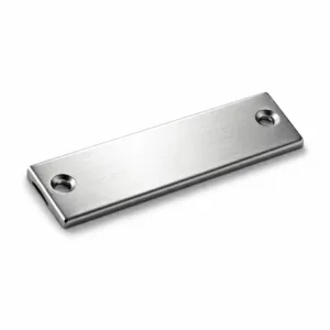 A flat rectangular fold-over metal label tag made from brushed stainless steel, featuring crisp beveled edges and visible screw holes for secure mounting. Ideal for adding a sleek, industrial look to products.