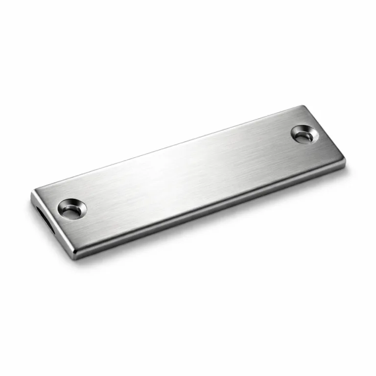 gr fold over metal label brushed screw A flat rectangular fold-over metal label tag made from brushed stainless steel, featuring crisp beveled edges and visible screw holes for secure mounting. Ideal for adding a sleek, industrial look to products.