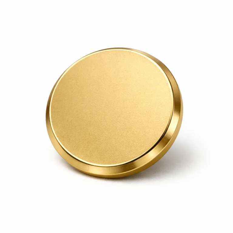 A sophisticated matte gold-plated blazer button crafted from brass, showcasing a crisp beveled edge and a flat modern profile. Designed to add understated elegance to suit jackets.