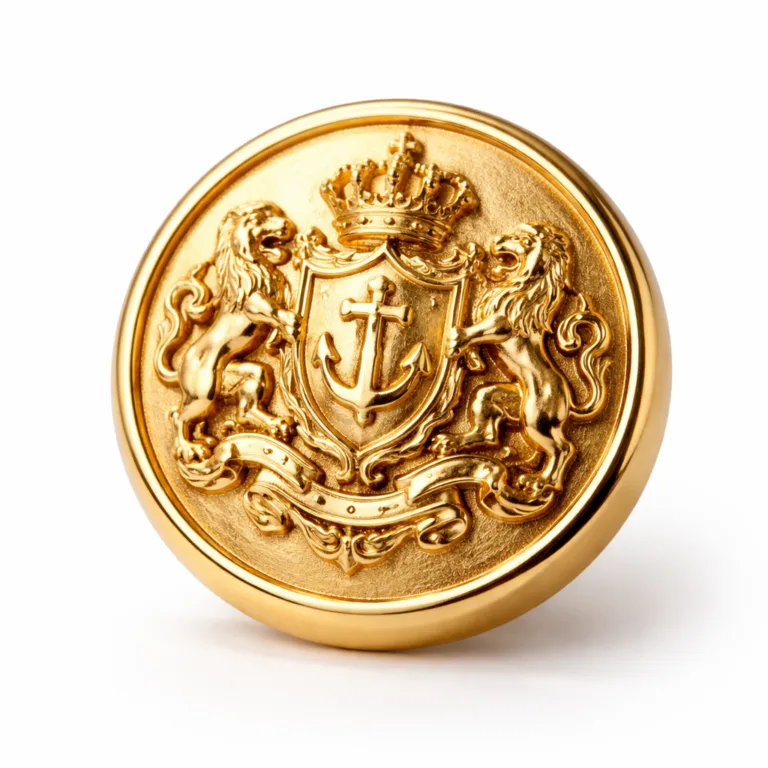 A luxury blazer button made from brass and finished in glossy gold plating. The face displays a detailed 3D relief crest for a distinguished and premium look, ideal for prestigious uniforms or club blazers.