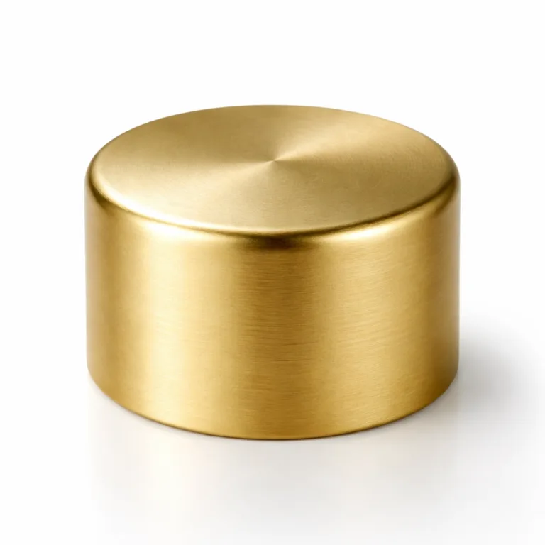 A bottle cap crafted from brass, finished in brushed matte gold with a gently rounded edge, designed for a classic and subtle look, ideal for close-up e-commerce visuals.
