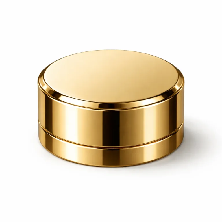 A gold-plated bottle cap made from zinc alloy, featuring a highly polished mirror surface and crisp beveled edge, highlighted on white for premium product presentation.