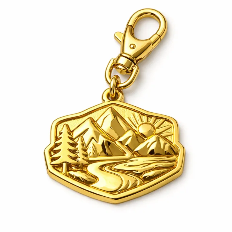 Detailed product image showcasing a gold-plated keychain featuring a custom silhouette with 3D relief design, shiny finish, and practical lobster clasp for secure attachment.