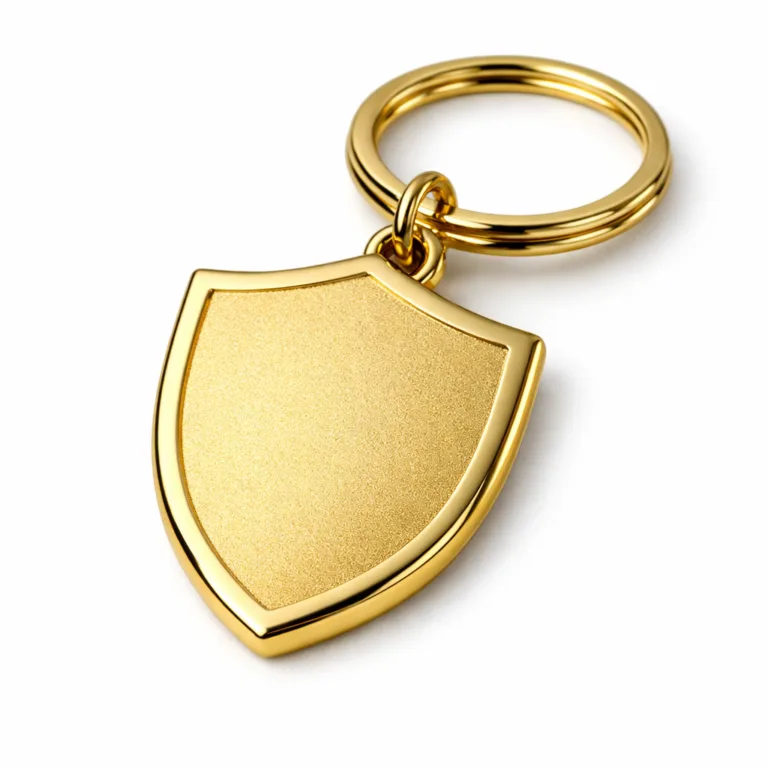 Realistic studio photo of a gold-plated keychain in a shield shape, featuring a sandblasted matte texture and soft rounded edges, completed with a split ring attachment.