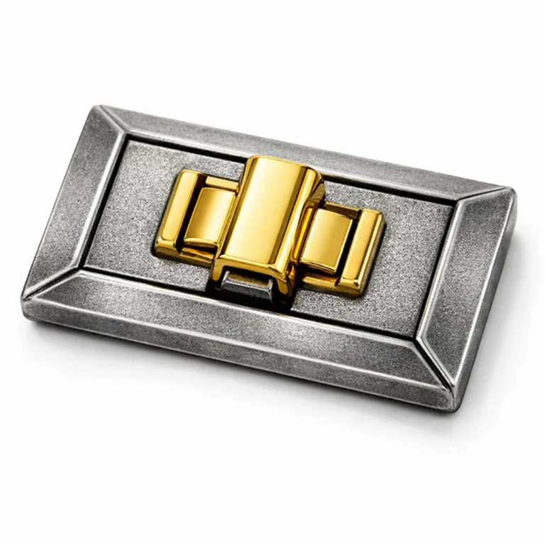 Antique silver-plated metal closure featuring a crisp beveled edge and textured sandblasted matte surface, expertly photographed for high realism and clarity.