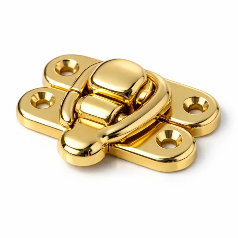 Gold-plated metal closure made from zinc alloy with a high-polish finish, featuring soft rounded edges and visible screw holes for easy mounting. Perfectly captured under commercial lighting for e-commerce presentation.