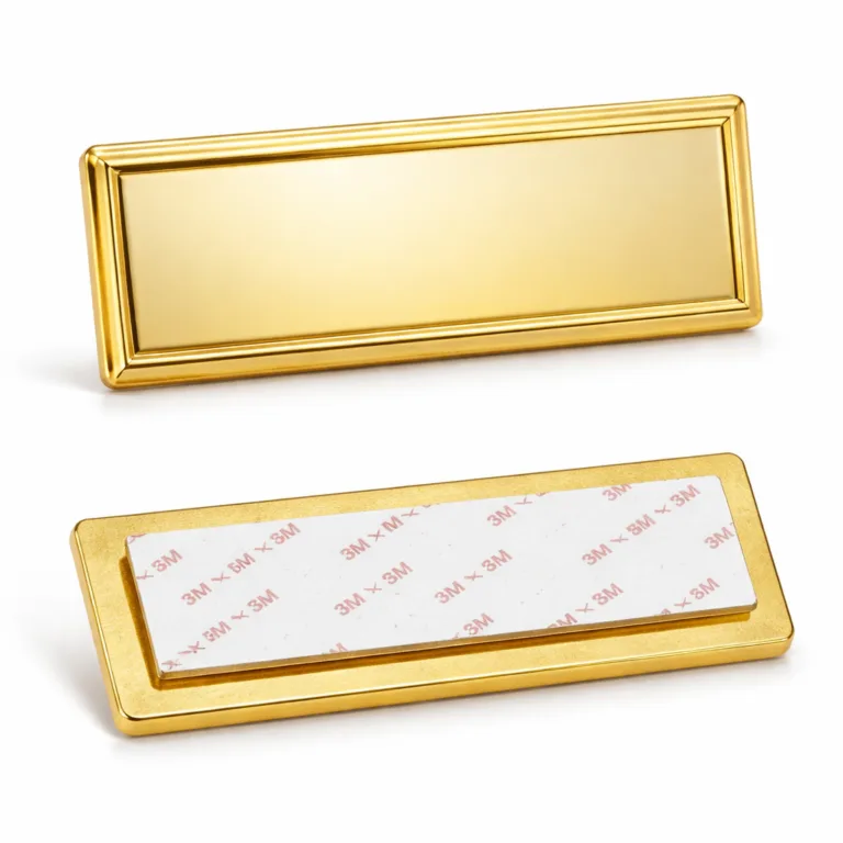 A highly polished gold-plated nameplate crafted from zinc alloy, with a 3D raised border and rectangular shape. The rear side reveals an adhesive back for easy installation on smooth surfaces.