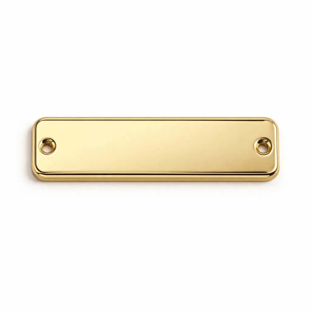 A zinc alloy gold-plated nameplate featuring a rectangular design with soft rounded corners and visible screw holes for mounting. Ideal for doors or office spaces, shot in sharp detail for commercial use.