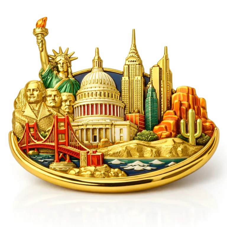 Gold-Plated Premium Souvenir crafted from zinc alloy, gold-plated, enhanced with soft enamel color fill accents, soft rounded edge, and slight 3D relief for a vibrant and premium look. Studio shot for online stores.