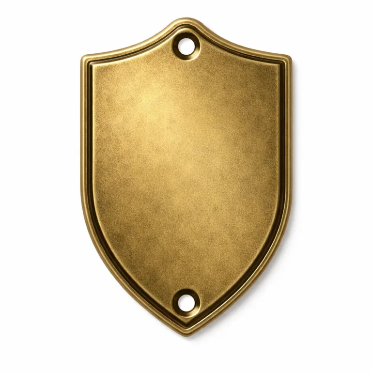 An antique gold-plated metal tag in a shield shape, cast in zinc alloy with a flat 2D surface and equipped with two screw holes for easy mounting. Perfect for signage or permanent fixture applications.