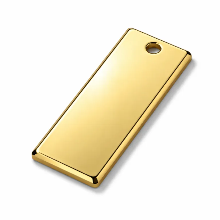 A rectangular gold-plated metal tag crafted from zinc alloy, featuring a bright gold polished mirror surface and crisp beveled edges. Ideal for use as a premium tag or label, suitable for personalized engraving.