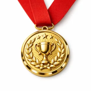 A gold-plated winner medal crafted from zinc alloy featuring a glossy finish, crisp beveled edge, and 3D relief emblem. Displayed with a plain red ribbon for a premium presentation.