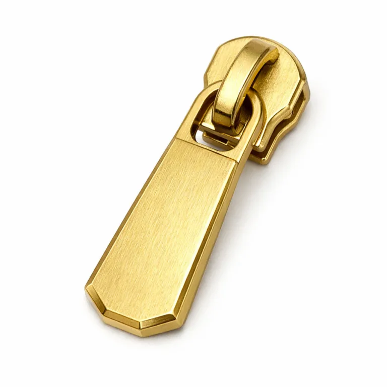 A brass-based gold-plated zipper pull tab featuring a brushed matte surface texture and precise beveled edges, combining elegant style with a modern industrial touch.