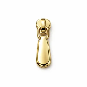A zinc alloy gold-plated zipper pull tab featuring a highly polished mirror surface and smooth rounded edges, designed for effortless attachment and visual appeal. Perfect for upscale garments and accessories.