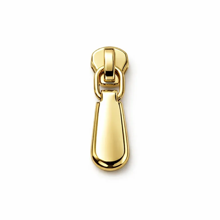 A zinc alloy gold-plated zipper pull tab featuring a highly polished mirror surface and smooth rounded edges, designed for effortless attachment and visual appeal. Perfect for upscale garments and accessories.