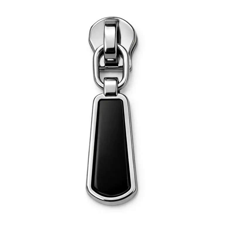 A modern stainless steel look handbag zipper pull, with shiny nickel plating, flat 2D profile, and deep black soft enamel fill within the recess. The contrast makes it ideal for contemporary and stylish bags.