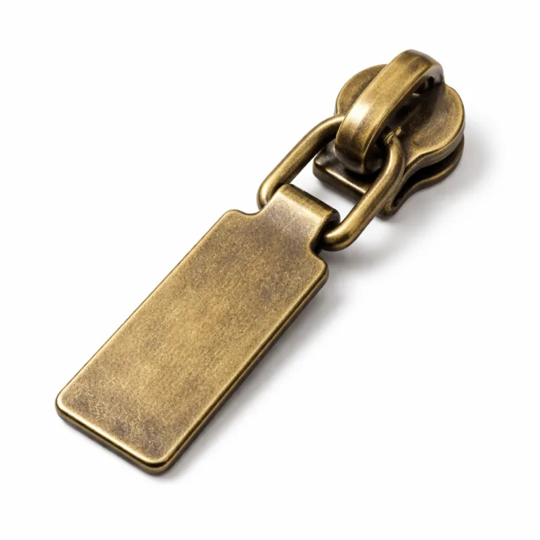 A flat 2D heavy-duty outdoor zipper pull made from brass with an antique brass finish, showing classic rectangular simplicity and durable construction.