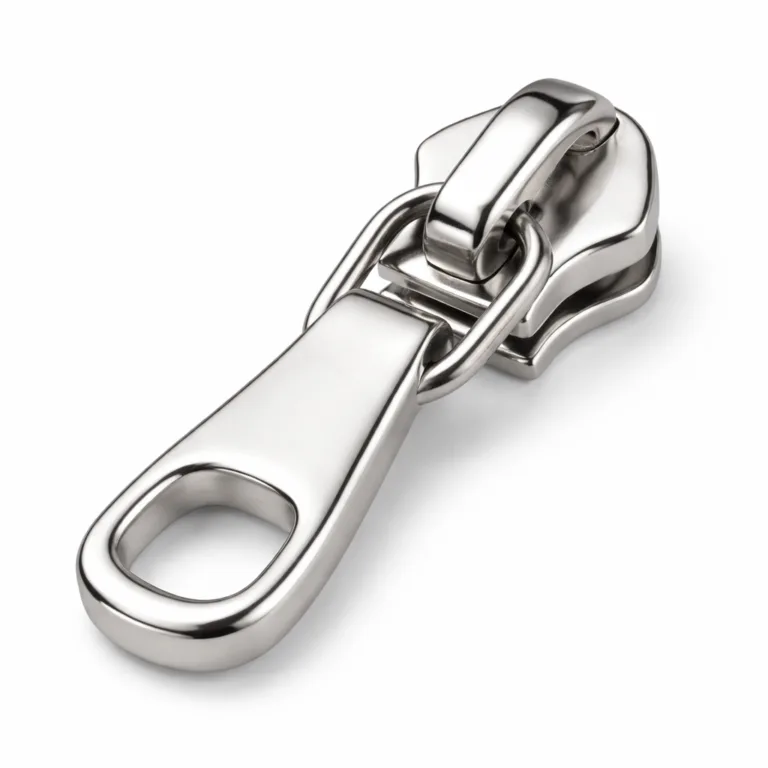 A heavy-duty outdoor zipper pull with a stainless-steel look, finished in shiny polished nickel, featuring soft rounded edges for a modern and smooth appearance.