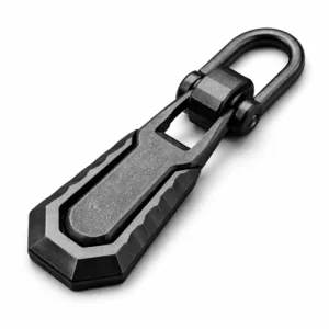 A heavy-duty outdoor zipper pull crafted from zinc alloy with a matte black finish, featuring a stylish 3D relief geometric edge for enhanced grip and durability.