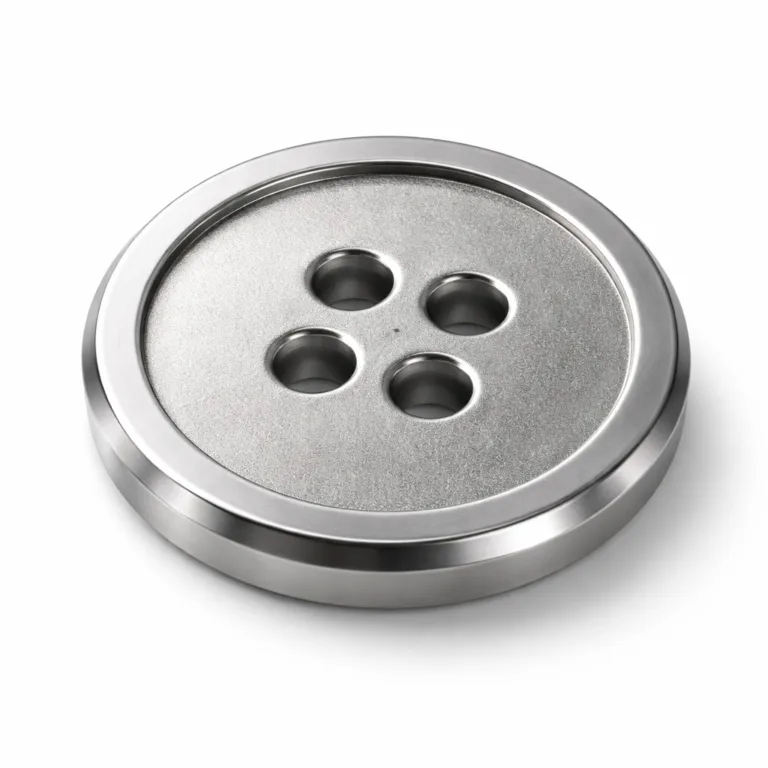 A durable heavy-duty outerwear button made from stainless steel with a matte silver sandblasted finish and a distinct crisp beveled edge, perfect for contemporary heavy garments.