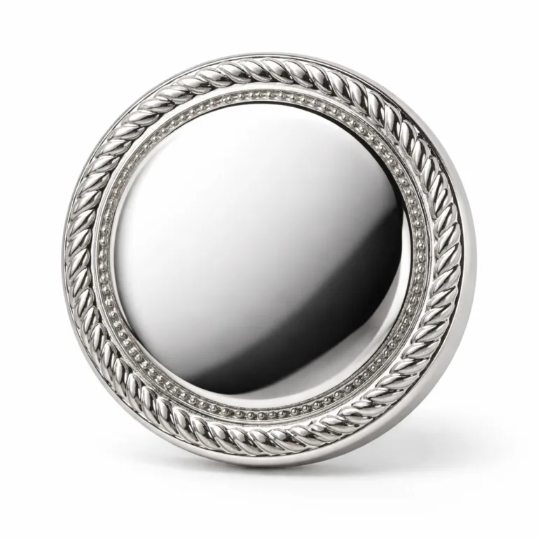 A striking heavy-duty outerwear button in zinc alloy, finished with shiny nickel plating and featuring a polished surface with 3D relief edge, offering both strength and visual appeal for premium outerwear.