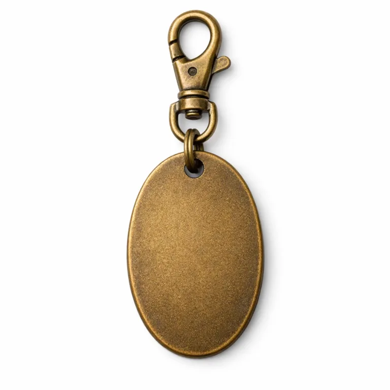 An oval hotel key fob tag featuring an antique brass finish with a sandblasted matte texture, connected to a lobster clasp. Presented as a single product on a clean white background.