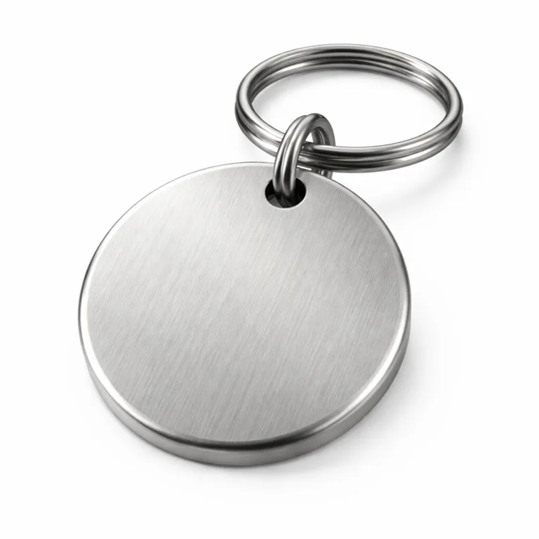 A round hotel key fob tag made to resemble stainless steel, with a matte silver finish and fine brushed texture, attached to a classic split ring. Photographed for e-commerce use on a white studio background.