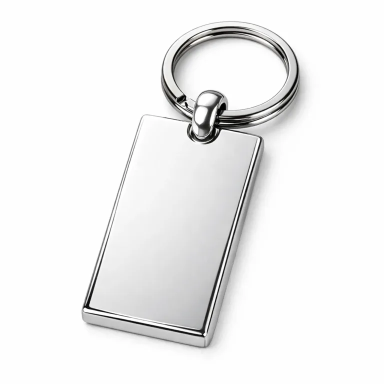 gr hotel key fob shiny nickel A hotel key fob tag in zinc alloy with a shiny nickel finish, rectangular shape, mirror-polished surface, and attached to a standard split ring. Photographed on a white background with sharp commercial lighting.