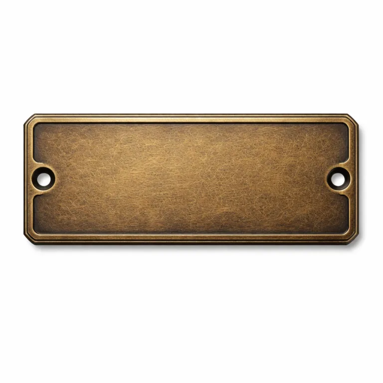Realistic photo of an antique brass rectangular serial number plate, featuring a flat 2D surface, with two mounting holes per shorter side for secure attachment.