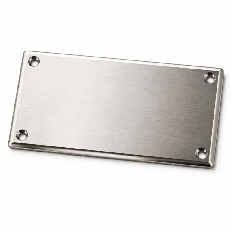 gr industrial serial brushed nickel screw A high realism photo of a rectangular brushed stainless steel industrial serial number plate featuring crisp beveled edges and four screw holes, designed for mounting in industrial settings.