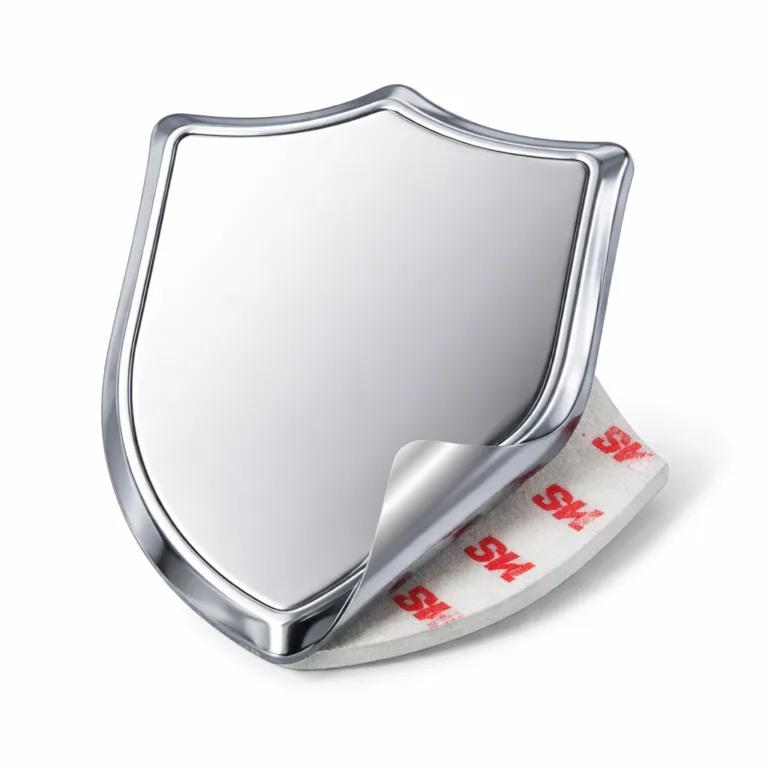 A shield-shaped industrial serial number plate manufactured from zinc alloy, finished with polished mirror nickel and featuring soft rounded edges. The adhesive back style is shown for quick installation.