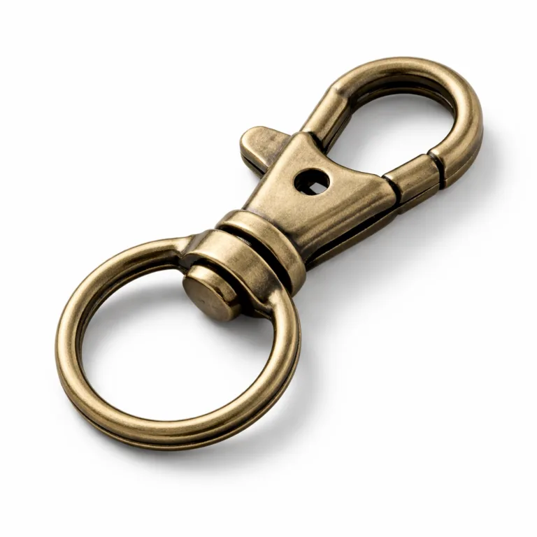 A brass-look keyring clasp connector with an antique brass finish, matte sandblasted texture, and crisp beveled edges, designed for classic and vintage-inspired accessories. High detail commercial product photo on a pure white background.