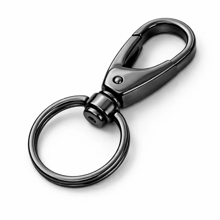 A keyring clasp connector with a stainless steel look, featuring black nickel plating, a smooth brushed surface, and a flat 2D profile, suitable for contemporary keychain applications. Sharp, high-realism studio image for online catalogs.