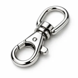 A zinc alloy keyring clasp connector featuring a polished shiny nickel finish and gently rounded edges, ideal for premium keychains and accessories. Captured in a white background studio with sharp details and commercial lighting.